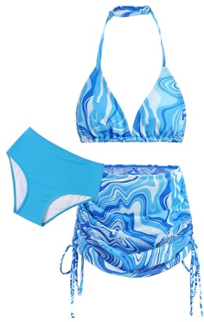 Arshiner Niñas Conjunto de Bikini 3 Piezas Niños Cuello Halter Tankini de Tres Piezas con Falda Verano Impresión Traje de Baño Bikinis para Niñas 14-15 Años