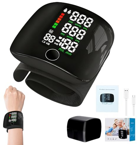 Monitor de presión arterial de muñeca, monitor de presión arterial recargable con pantalla LED grande, máquinas de presión arterial con transmisión de voz, memoria de lectura, para adultos mayores en