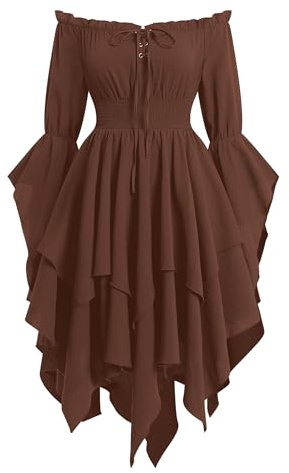 IBAKOM Robe Médiévale-Victorienne Renaissance pour Femme : Robe Fluide à Volants, Ourlet en Pointe Irrégulier, Vintage Déguisements épaules dénudées, Costume Gothique