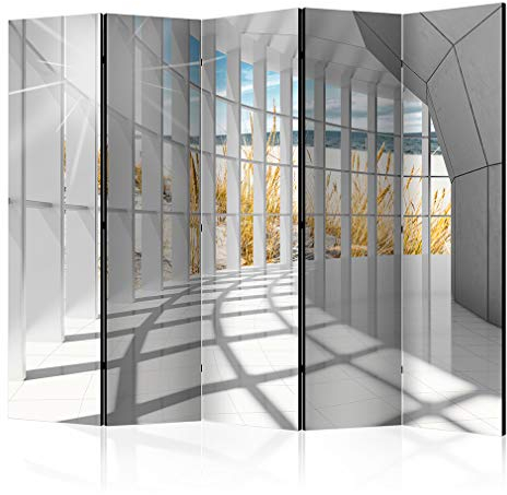 decomonkey Paravent Raumteiler Innen Modern 225x172 cm 5 Teilig Beidseitig Room Divider Wall Raumteiler Stehend Trennwand Sichtschutz Spanische Wand Sichtschutzwand Wohnzimmer Holz Strand Meer