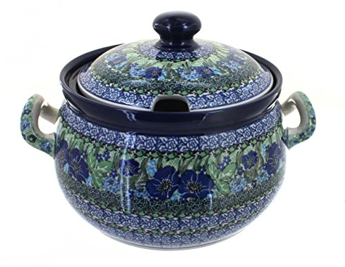 Blue Rose Polish Pottery - Blue Sapphire Fields Soup Tureen - 15 Cup Capacity - Hand-Painted Polish Pottery Serving Bowl with Lid
