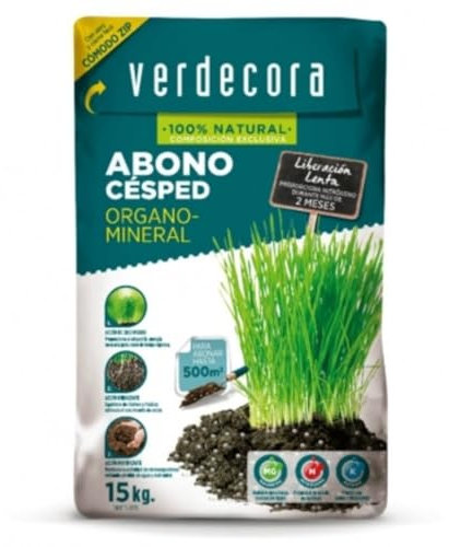 verdecora Abono organomineral para Césped | Liberación Lenta | Componentes Naturales | Función enraizante y fortificante (15kg)