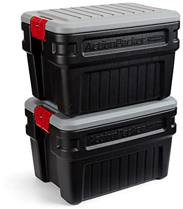 Rubbermaid ActionPacker️ 24 Gal Lockable Storage Bins Pack of 2, Industrial, Rugged Storage Containers with Lids,Black, Mica, Red