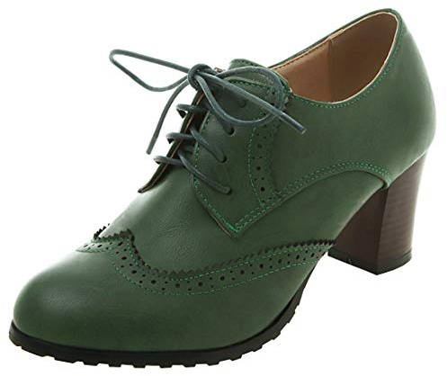 Birdsight Escarpins Creux Sculpté Femmes Talon Bloc Bout Rond avec Lacets Élégant Vintage Brogue Oxfords(Vert foncé 41)
