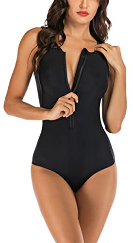 Femme Maillot de Bain Rétro Manche Courte Une Pièce Fermeture éclair Combinaison de Surf Sports Nautiques Bkini Anti-UV Triangle Maillots 1 Pièce,Noir,XXL