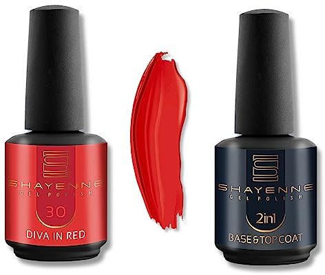 Shayenne 2er Set UV Gel Nagellack 30 Diva in Red Rot 15ml + 2in1 Base Coat und Top Coat 15 ml UV LED Lampe Unterlack mit Überlack Nagel Lack Gellack Nagelgel Shellac (30 ml)