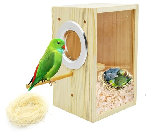 MUYG Parakeet Nesting Box,Transparent Bird Nest Boxs Natural Wooden Breeding Box with Coconut Fiber,Birds Cage House with Perch for Canary Budgies Gouldian Finch Cockatiel Conure and Other Small Birds