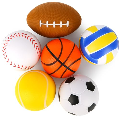 MCPINKY 6PCS Foam Stress Balls Bulk, 2.5inch Mini Sports Squeeze Balls Basketball Football Baseball Soccer Tennis Volleyball Toys for Kids Adults Party Favors