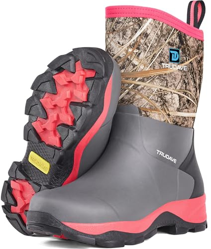 Trudave Rubber Rain Boots for Women, Neoprene Insulated Mud Work Boots, Anti-slip Breathable Mid-calf Womens Waterproof Boots for Garden, Water Fishing, Pink, Size 9