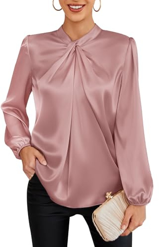 GRACE KARIN Women's Satin Silk Blouse Mock Neck Long Sleeve Fall Blouses 2024 Elegant Casual Office Work Dressy Shirts Tops Pink L