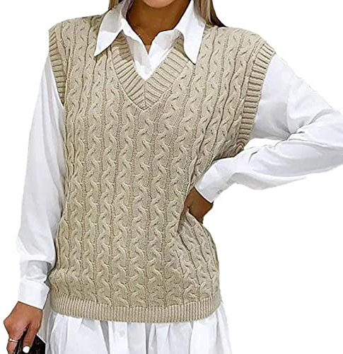 WeaAll Ladies Cable Knit Sleeveless Vest Women's Knitted Jumper Tank Top Winter Chunky Sweaters Stone 16-18