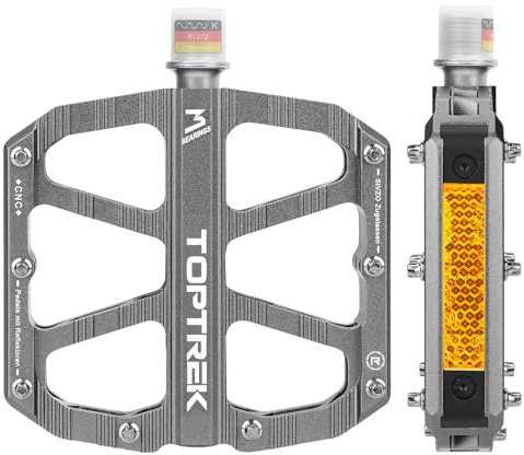 toptrek Fahrradpedale Silber mit StVZO Zugelassen Reflektoren, CNC Aluminium Pedale Fahrrad MTB Pedale rutschfest mit 3 Abgedichtete Lager für Mountainbike, BMX, E-Bike, Rennrad