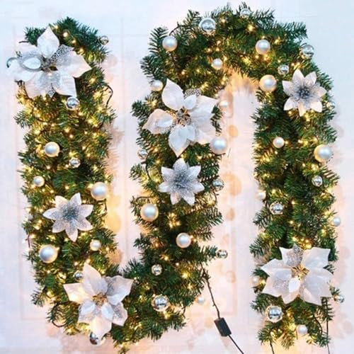 Christmas Garland with Lighting, 270 cm, Warm White - Artificial Christmas Decoration for Interior, Fireplaces, Stairs, Wall & Door Home Decorations (Silver)