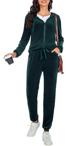 Aottori Tuta Sportiva Donna Velluto Tute da Ginnastica Set 2 Pezzi Pigiama Set Casual Tuta da Casa Ciniglia Invernale per Jogging Training Yoga Verde Scuro XL