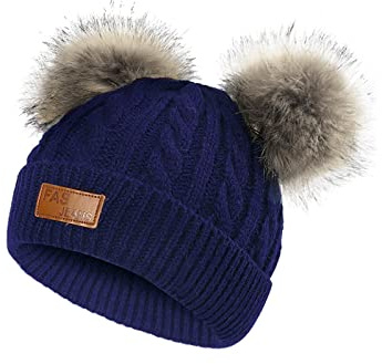 PONCEAU Winter Hats Children Girls Warm Soft Winter Hats with Two Pompoms Baby Bobble Hat Children for Girls Boys, navy, 1-6 Years