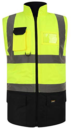 Hi Vis Body Warmer, Fleece Lined Reversible Gillet Jacket High Visibility Waterproof Workwear Safety Security Sleeveless Vest Warm Waistcoat Bodywarmers Plus Size (Yellow/Navy-XL)