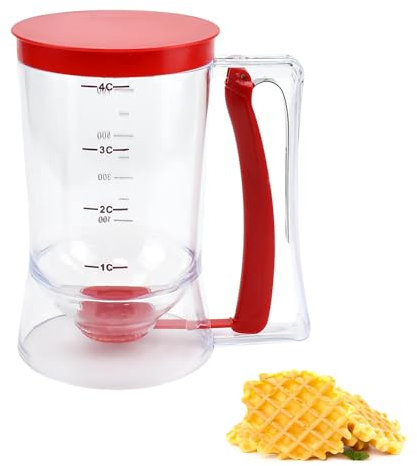 EUIEUT Dispensador de Masa 900 ml, Dispensador Masa Repostería con Tapa,Asa y Escala, Dispensador de Masa para Magdalenas Transparente para Hornear Cupcakes, Gofres y Pasteles (Rojo)