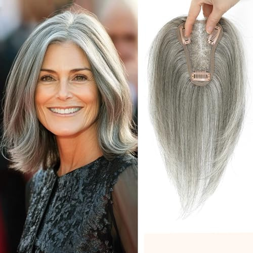 Toupet per capelli da donna, capelli umani, per aggiungere volume extra, base svizzera, 25,4 cm (Grigio chiaro misto)
