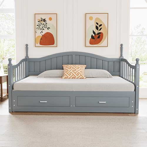 Lcoho Sofá cama extensible de madera maciza (90/180 x 190 cm), con respaldo curvado y reposabrazos, con cajones y somier (sin colchón, gris)