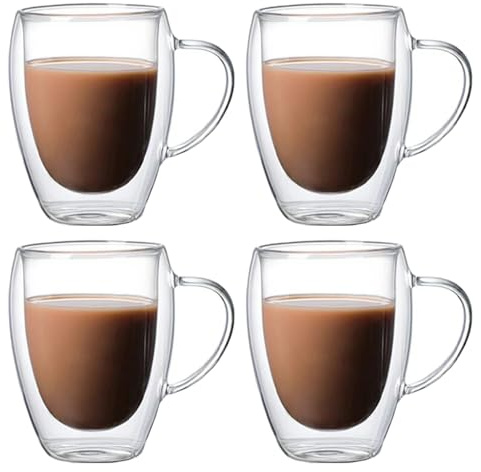 Pykrudo 4 Pack Double Walled Glass Coffee Cups, 350ml Insulated Latte Glasses Mugs, Mug Tea Cups with Handles, Heat Resistant, Cappuccino Espresso Cup