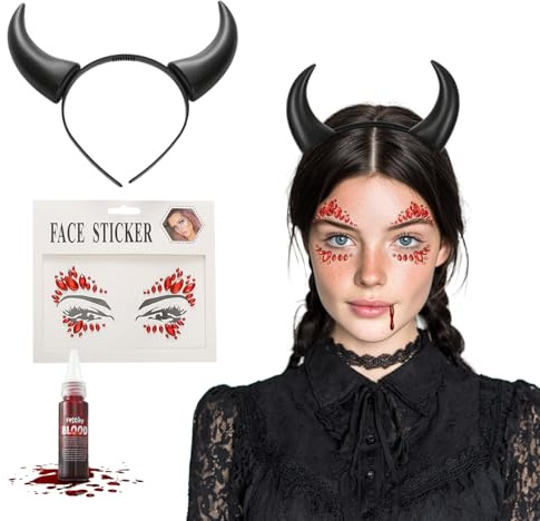 Festicy Serre tete Diable Halloween I Cornes avec 25 ml de faux sang et stickers visage I Serre tete halloween femme et serre tete halloween enfant pour look démoniaque & effrayant (Noire)