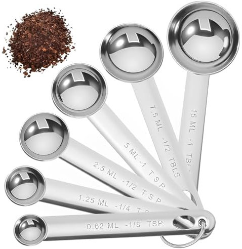 Set di 6 pezzi per misurini, in acciaio inox rotondo resistente Specchio lucidato 1/8 TSP, 1/4 TSP, 1/2 TSP, 1 TSP, 1/2 TBLS e 1 TBLS Misura cucchiai per cuocere al forno, Argento
