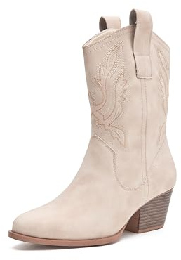 Glorert Cowgirl Short Boots For Women Ankle Cowboy Boot Block Heel Fashion Suede Booties Beige Size 08