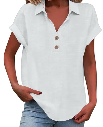 Generico Maglia Donna Lino Cotone Polo con Collo a Camicia, Blusa Casual Maniche Corte a Copertura Spalla, Top Estivo Oversize con Bottoni, Maglietta Elegante Tinta Unita Comoda Camicia in Lino
