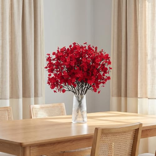 Fairblo 8 Pezzi Fiori Finti per Decorazioni Rosso Gipsofili Artificiali Nebbiolina Finta Gypsophila Rami Bouquet di Gypsophila Finti in Seta per Matrimonio Fai da Te Casa Floreale Decorazione