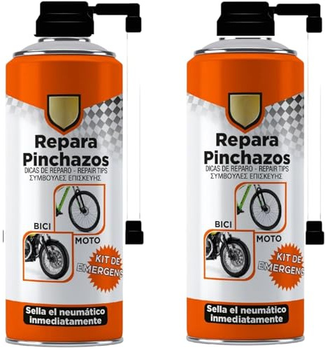 Spray Repara Pinchazos 200ml para Bicicletas, Motos y Patinetes – Sellador de Neumáticos de Emergencia, Sella y Reinfla al Instante, Kit Antipinchazos (2 Botella)