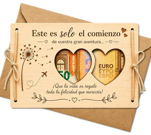Tarjeta Regalo De Madera, Tarjeta Felicitacion Boda Luna De Miel | Set de 2 piezas con tarjeta de madera 20 x 14 cm y sobre kraft 23 x 16,2 cm, ideas dar dinero boda y luna de miel