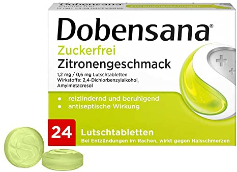 Dobensana Zuckerfrei Zitrone Lutschtabletten 1,2mg/0,6mg – Halstabletten zur Schmerzlinderung bei leichten Halsschmerzen & Schluckbeschwerden – 1 x 24 Tabletten