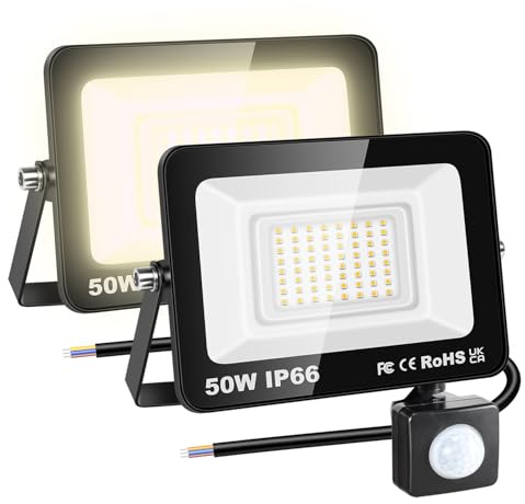 RIGIDON 2x 50W 5000 LM Faretto con Sensore di Movimento, 3000K Bianco Caldo Proiettori Faretto LED da Esterno, Led Floodlight, Luci Esterno Per Giardino, Garage, Strada, Patio, Terrazza, Cortile