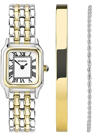 Sekonda Monica Damen-Quarzuhr 20 mm in Weiß mit römischen Ziffern, Analog-Anzeige und Armband aus Legierung, Geschenk-Set, Vintage-Stil