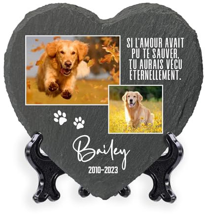 Plaque commémorative carrée personnalisée 25 x 25 cm avec nom, Date, Photo et Support pour Animal Domestique, Chat, Chien, Ardoise, Pierre tombale - Deux Photos