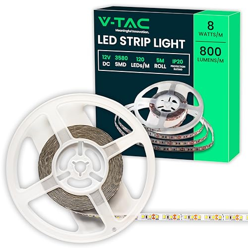 V-TAC Striscia Led da Interno SMD 3528 8W - 5 Metri - Striscia LED Adesiva per Casa, Cucina, Camera, Ambienti Interni - Strisce LED Luminosità 800 Lumen - Alimentata 12V - Luce Bianca Calda 3000K