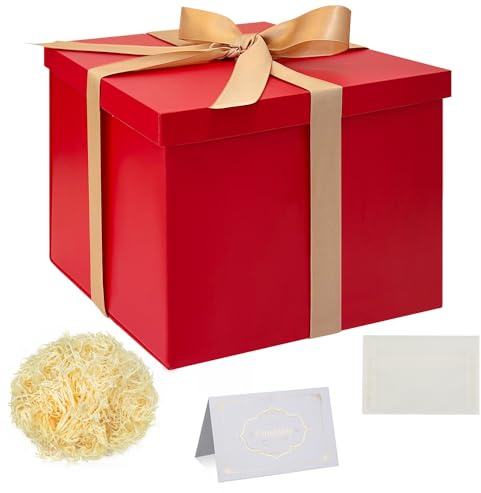 Scatola Regalo Rosso con Coperchi Scatola Regalo 23x23x18cm Profondo con Nastro Biglietti Auguri Carta Velina Tagliuzzata per Natale Compleanno Matrimonio