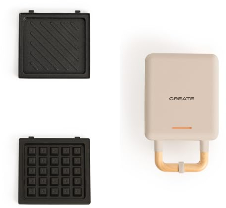CREATE/STONE STUDIO/Sandwichera-Grill y gofrera individual arena / 2 placas intercambiables: Sandwich y Gofre, antiadherente, 1 rebanada, apertura 100º, autoapagado, asa tacto frío, 600W