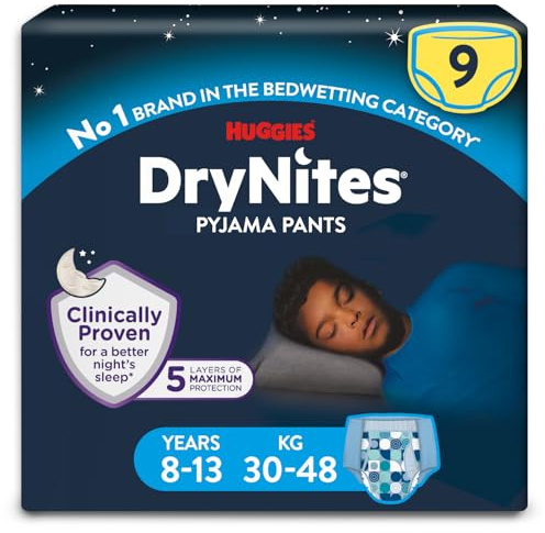 Huggies DryNites Pyjama Pants, Boys 8-13 Years (30-48KG), Up to 100% Leak Free Nights, Bedwetting Pants, 9 Count