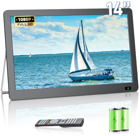 Desobry Téléviseur Portable 14.3 Pouces avec antenne, Petit téléviseur Portable avec Tuner DVB-T2, Mini téléviseur LCD Qui Peut être rechargé avec des Piles
