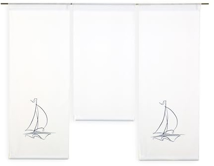 Design Mini Flächenvorhang Set Bestickt Segelboot | 4114-02 | 3 Teile | Scheibengardine Gesamtbreite 90cm (3x30cm) Höhe 80/60/80cm |