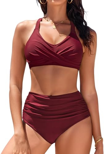 heekpek Costume Donna Due Pezzi Vita Alta Bikini Mare Costumi da Bagno Donna Curvy Push Up Imbottito Scollo a V Crociato Davanti Swimsuit, Borgogna, XXL
