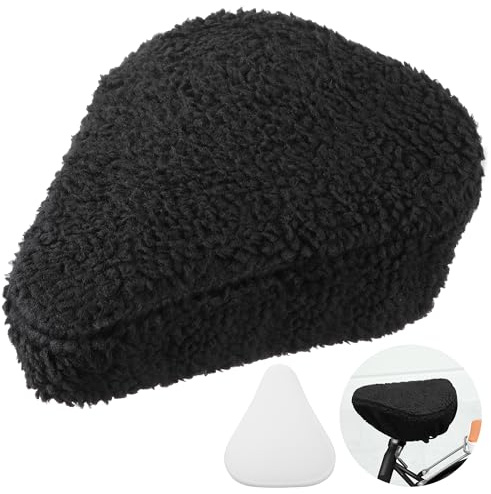 Feekoon Imitation Sheepskin Bicycle Seat Cover & Removable Sponge Padding, White Universal Sheepskin Bike Cushion Cover, Secure Fit Fur Protector for Wide Seat Spin Bike, Cruiser Exerciser (Black)