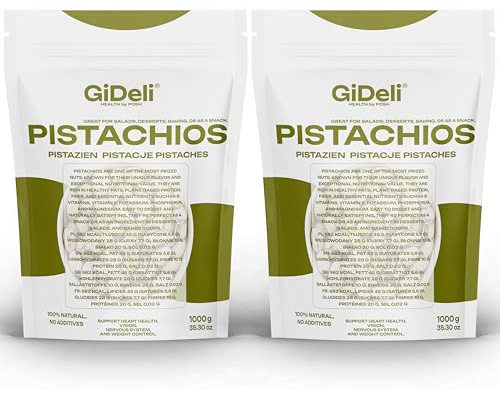 GiDeli Pistazien 2 x 1kg - Geröstet und Gesalzen - Nüsse mit Schale als Gesunde Snacks für Partys - Ideale zum Backen, Gerichte, Creme und Desserts