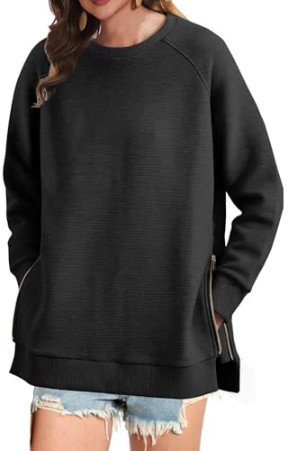 Koerye Felpa Oversize da Donna Oversize a Girocollo con Maniche Lunghe Pullover Top Moda Tinta Unita Hoodie Autunno Invernali Elegant Felpe con Zip Sweatshirt Nero,XL