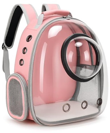 PET CAPSULE Mochila Transportín Gato y Perro Pequeño hasta 6 kg, Rosa – Transportín Gatos Cápsula con Ventana Transparente y Cúpula Perforada – Mochila para Gatos Medidas Cabina Avión, Ventilación