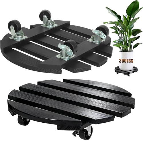 IBGUC 2 Pack Plant Caddy with Wheels 13'' Rolling Plant Stand Indoor Outdoor, Heavy Duty Wooden Plant Stand with Wheels 300Lbs Capacity with 360°Lockable Rolling Base for Pot, Planter, Tray, Patio