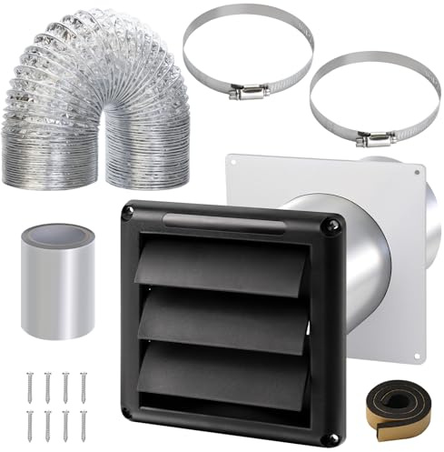 Dryer Vent Kit with Hose/Duct Connector/Wall Plate,4Inch Dryer Vent Hose Connector Wall Ducting Kit for Bathroom Ventilation Fans Exhaust,Ceiling Washer Air Circulation,Black Dryer Vent Cover Hood Kit