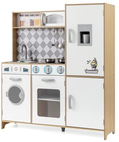 COSTWAY Cuisine Enfant en Bois avec Effets Sonores et Lumières, Cuisinière Enfant avec Machine à Laver et Micro-Ondes, Machine à Glaçons, Jouet de Simulation pour Tout-Petits de 3 Ans+ (Naturel)