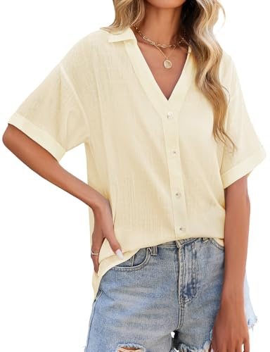 PASUDA Chemise Femme Chic et Élégant Été Lin Chemisier Ample Manche Courte Blouse avec Boutons Col en V Longue Tunique Décontractés Haut Top Lâches T Shirts(Jaune,M)